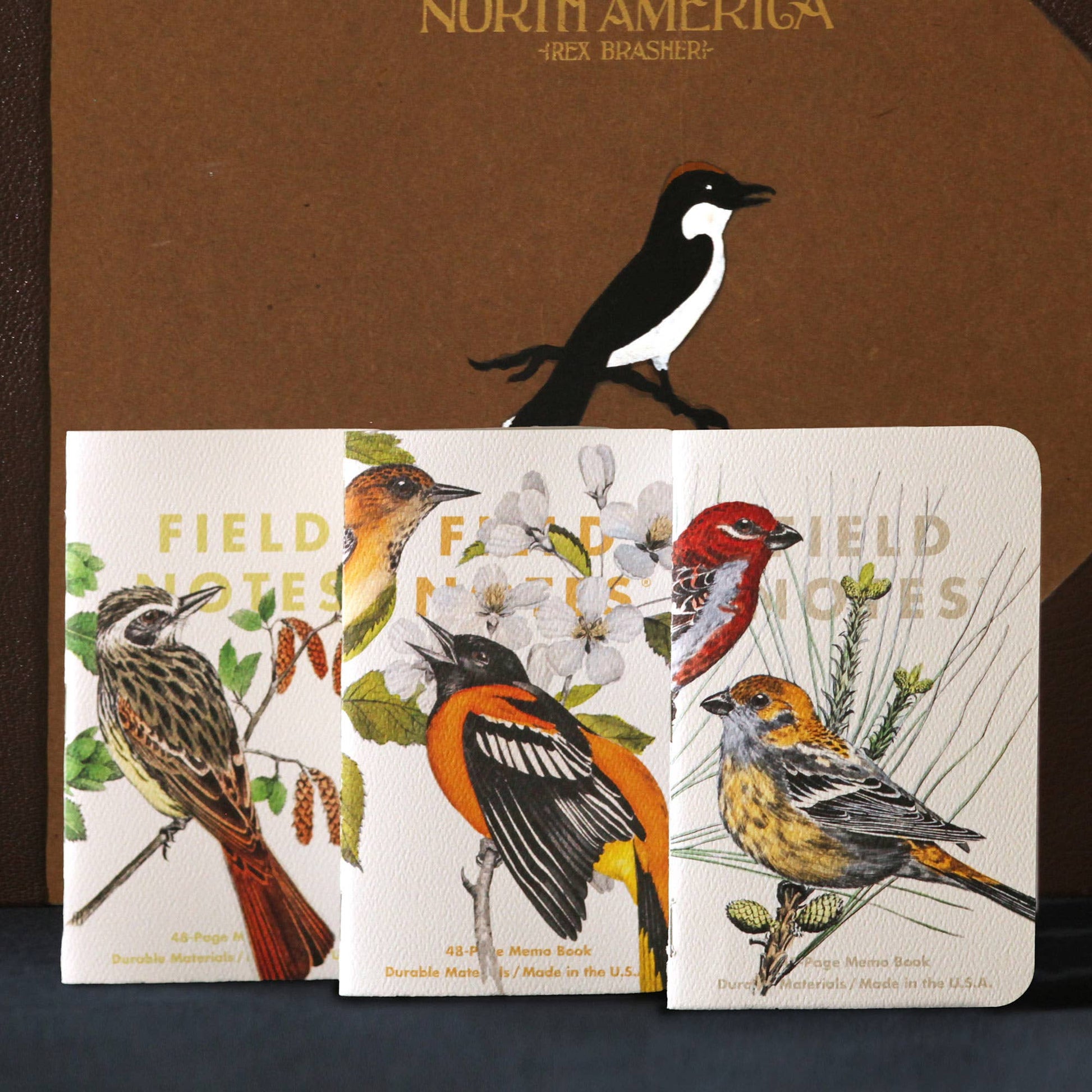 Three small notebooks with bird illustrations. Pine Grosbeak, Baltimore Oriole, Sulphurbelly Flycatcher
