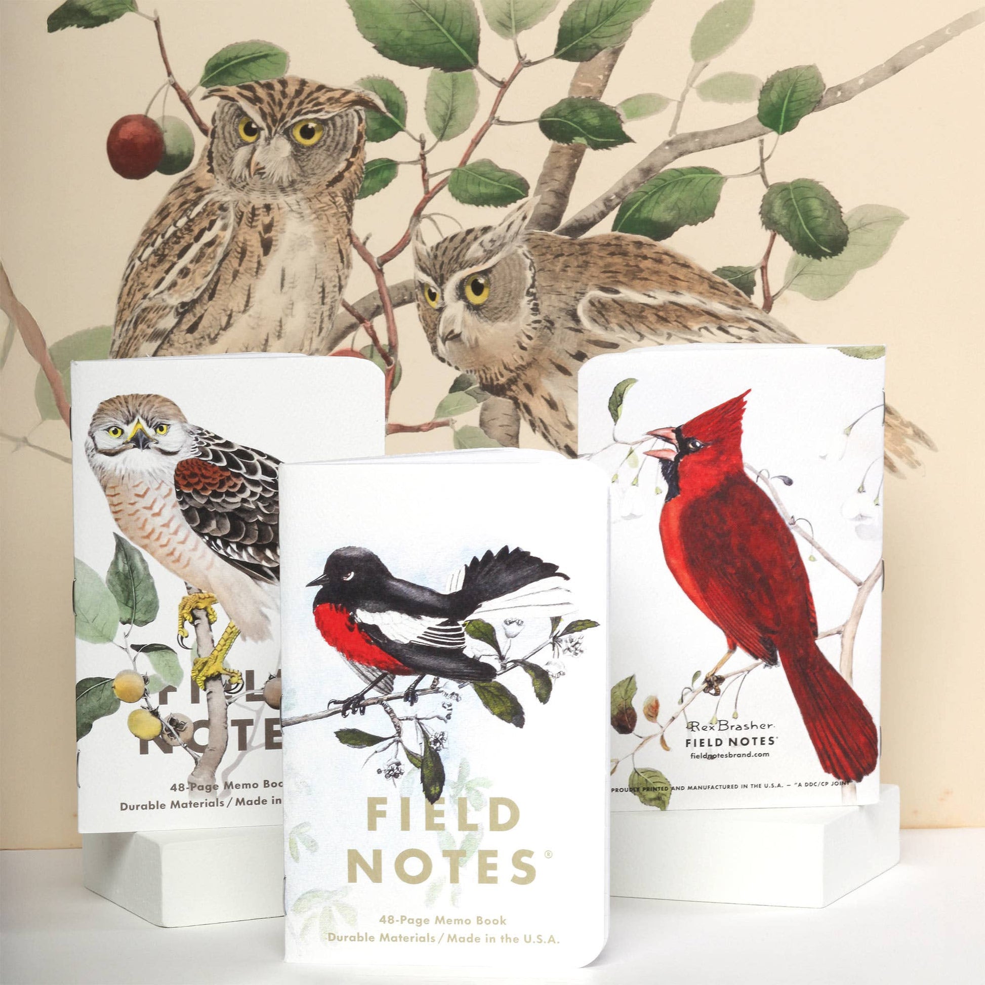 Three Field Notes notebooks with bird illustrations. Painted Redstart, Cardinal , Redshoulder Hawk.