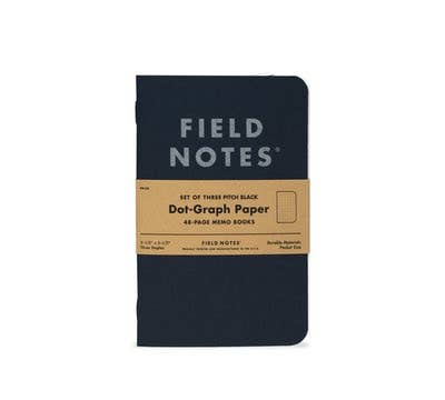 Field Notes Pitch Black Memo Book with dot-graph paper, set of three pocket-sized notebooks, packaged together with a brown label.