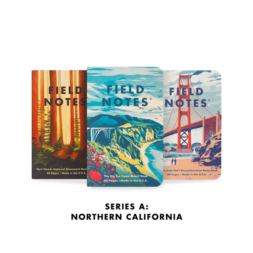 Three Field Notes notebooks with scenic covers on a white background