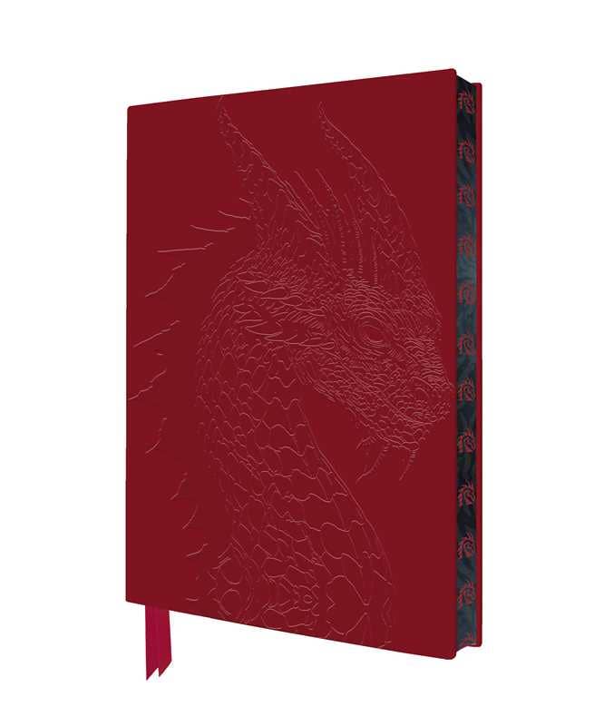 Red embossed notebook with a dragon design on a white background