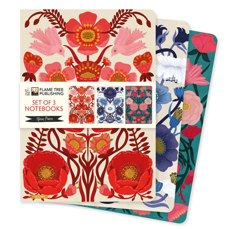 Set of three notebooks with floral designs by Nina Pace on a white background