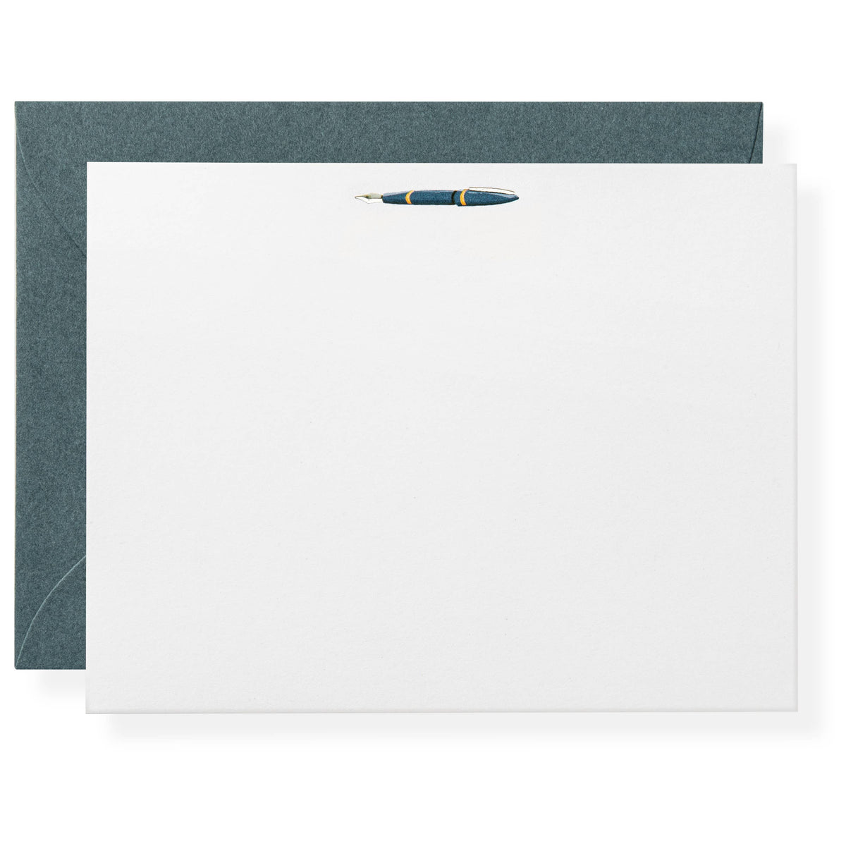 A white stationery card with a small blue and gold pen resting on the top edge, shown in front of a textured dark blue-gray envelope on a clean white background.
