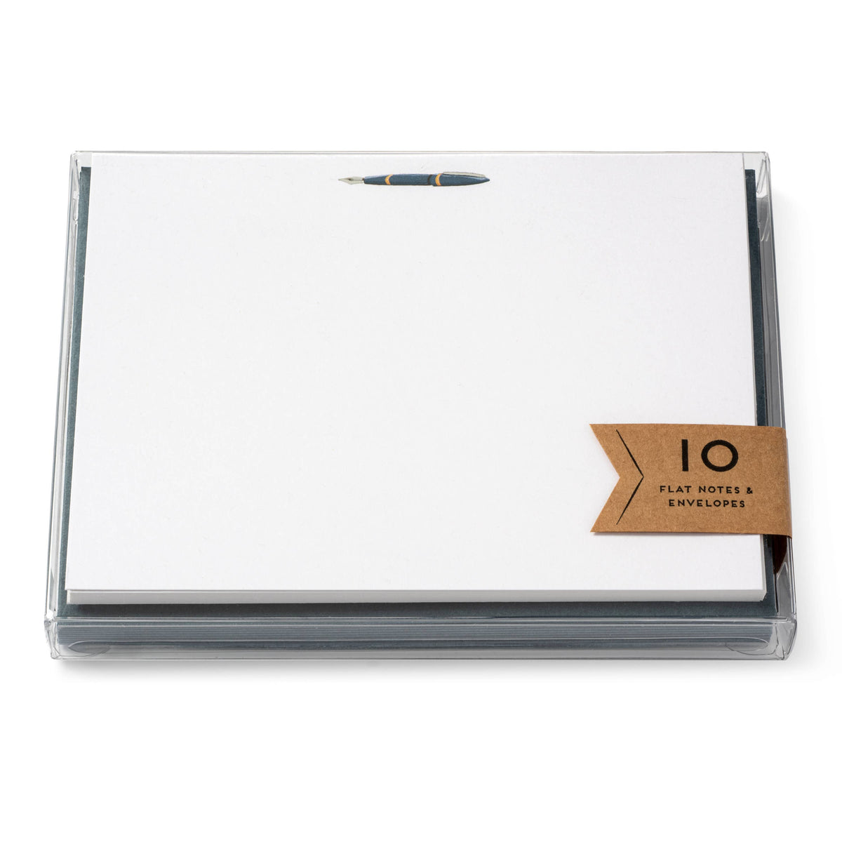 Fountain Pen Notes by Karen Adams Note Cards with Envelopes A clear plastic case containing a stack of white flat notes and envelopes with a pen slot at the top, plus a brown paper tag that reads '10 flat notes & envelopes'.