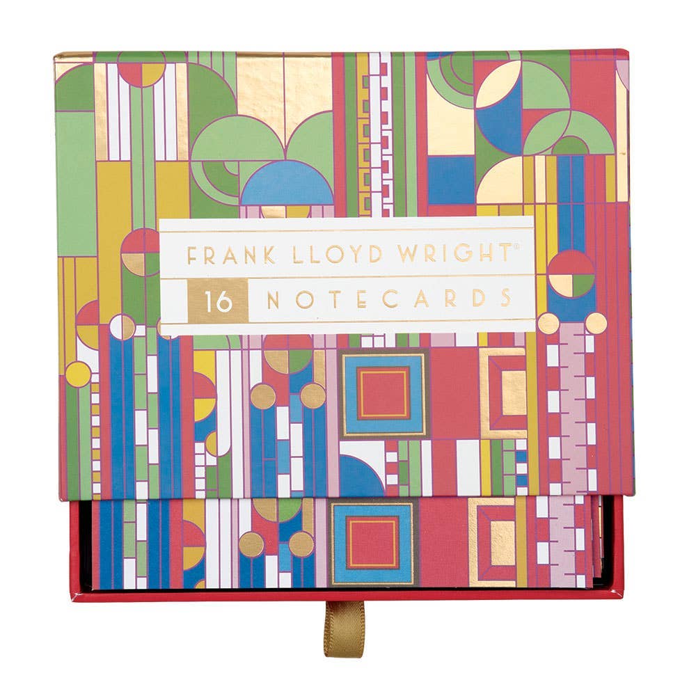 Frank Lloyd Wright Designs Greeting Assortment Notecard Boxed Set  with geometric pattern and 'Frank Lloyd Wright 16 Notecards' text on a white background