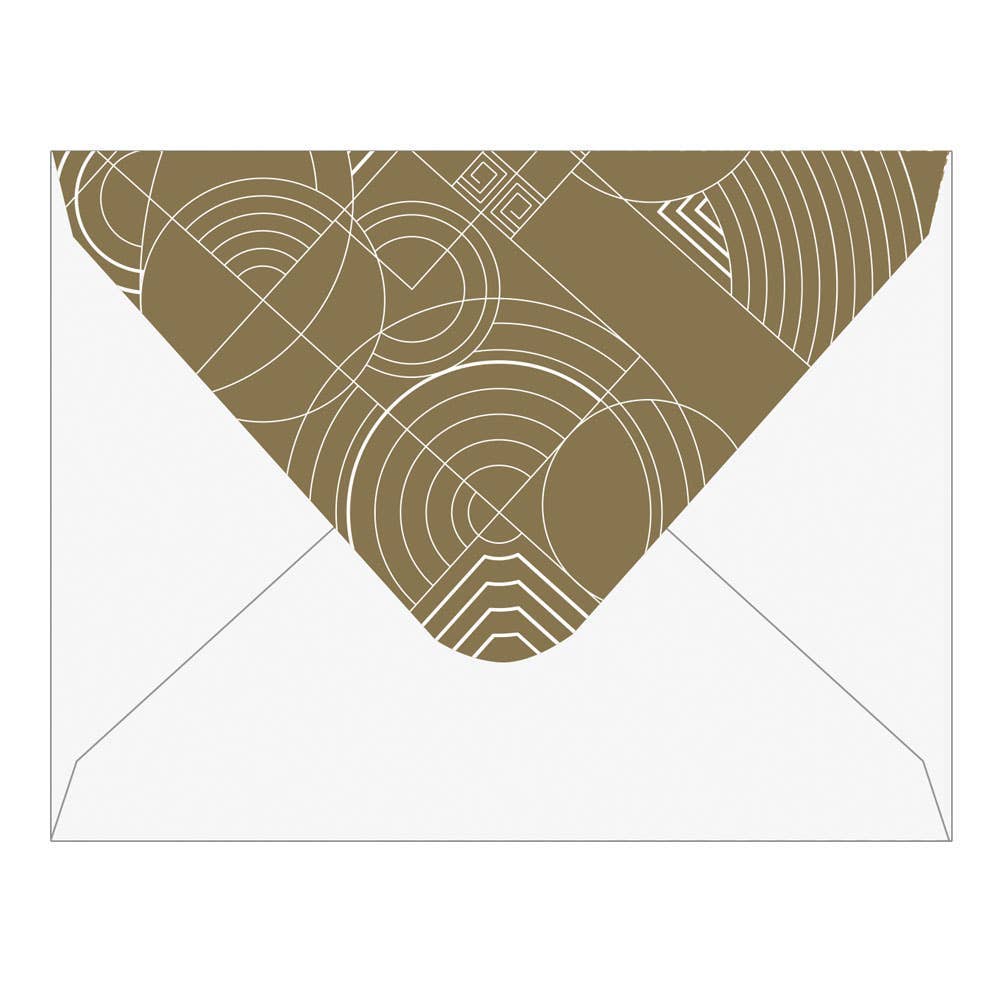 White envelope with a gold geometric pattern on the flap. Frank Lloyd Wright Designs Greeting Assortment Notecard Boxed Set 