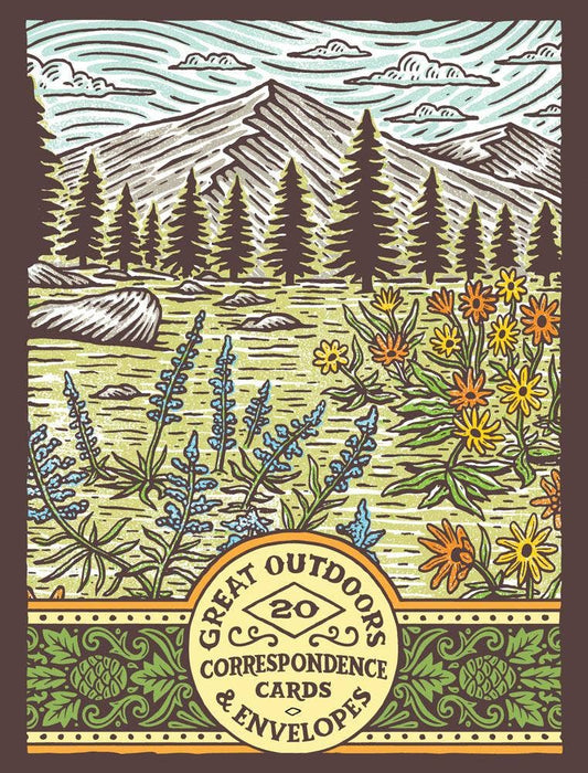 Card with nature-themed design featuring mountains, trees, and flowers, with 'Great Outdoors Correspondence Cards & Envelopes' text.