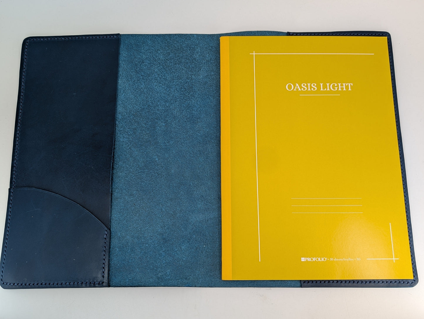 Three-panel leather product with yellow, blue, and black sections on a white background