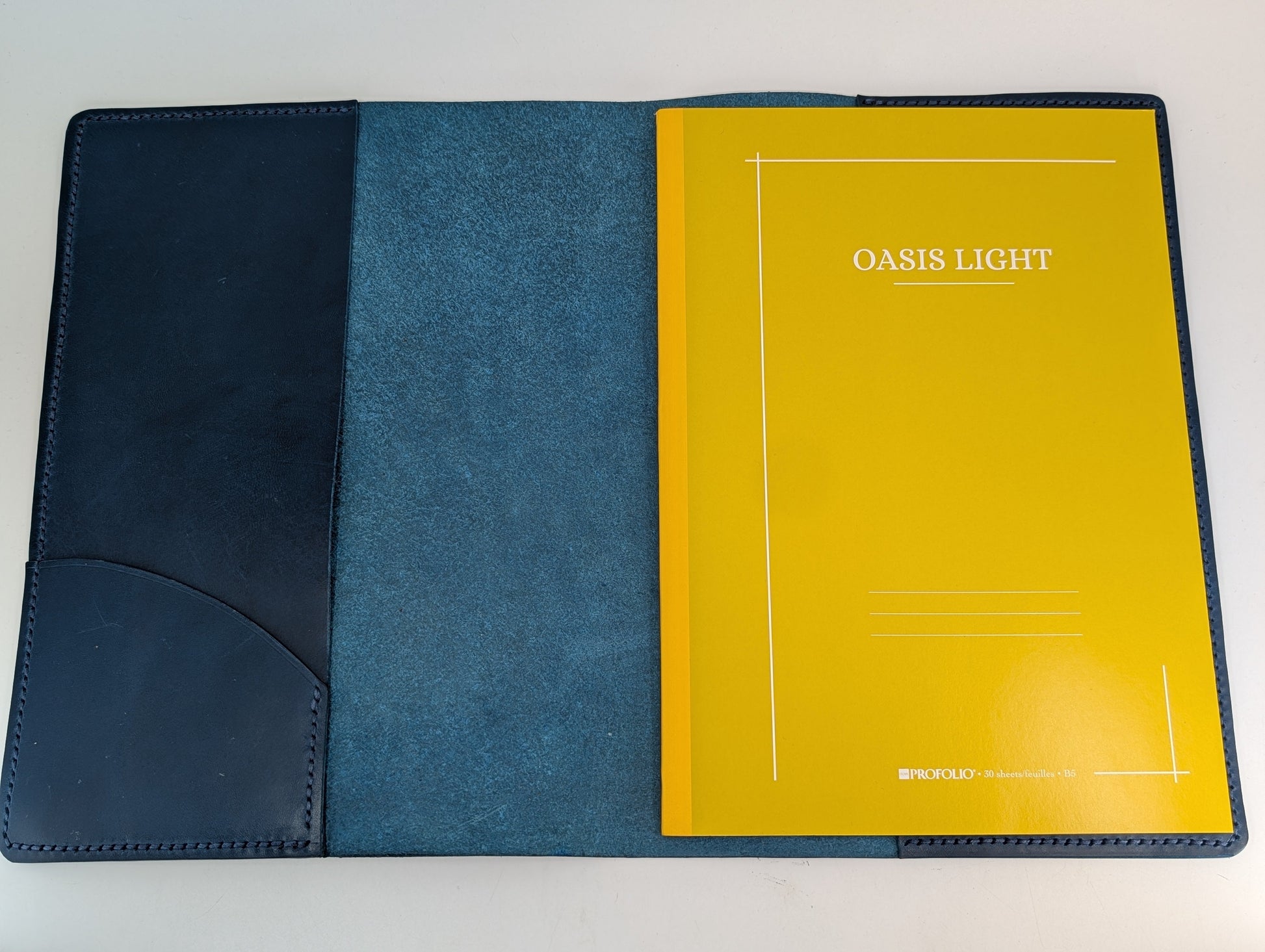 Three-panel leather product with yellow, blue, and black sections on a white background
