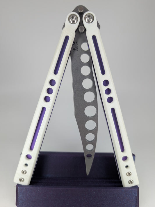HOM Design Prodigy White G10 / Purple Ti / Blue Ti Spacer Balisong Trainer Mod. C
