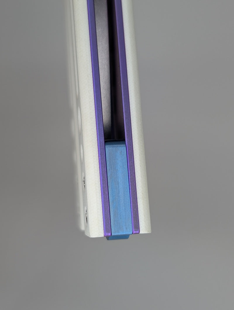 HOM Design Prodigy White G10 / Purple Ti / Blue Ti Spacer Balisong Trainer Mod. C