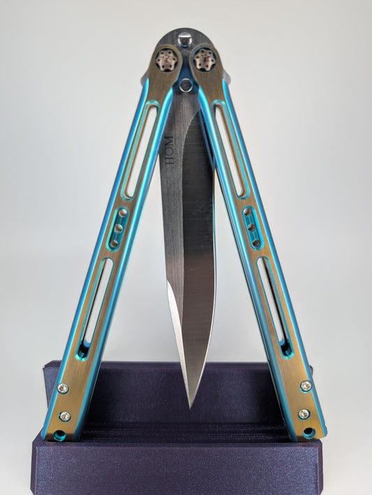 HOM Design 2022 Tempest Dual Tone Aqua/Gold Titanium w/ CF Spacer S35VN Live Blade Balisong