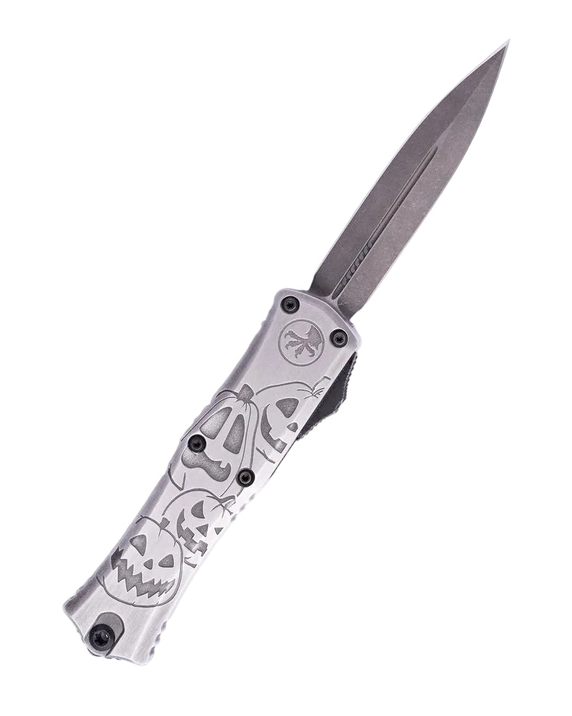 Microtech Hera II Mini D/E Signature Series Brushed Metal Jack-o'-Lantern Out the Front Knife