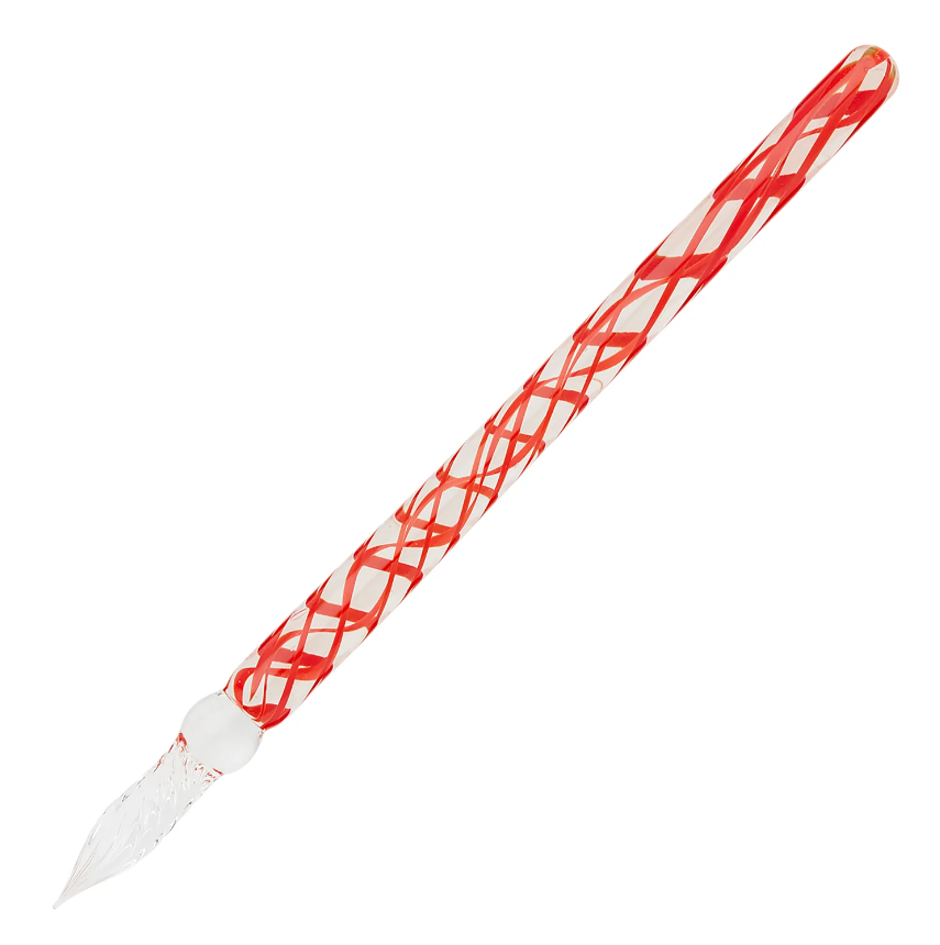 A glass calligraphy brush with a white and red patterned handle and a clear glass nib, shown diagonally on a solid white background.
