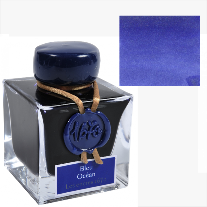 Ink bottle labeled 'Bleu Ocean' with a close-up of the blue color swatch on a white background.