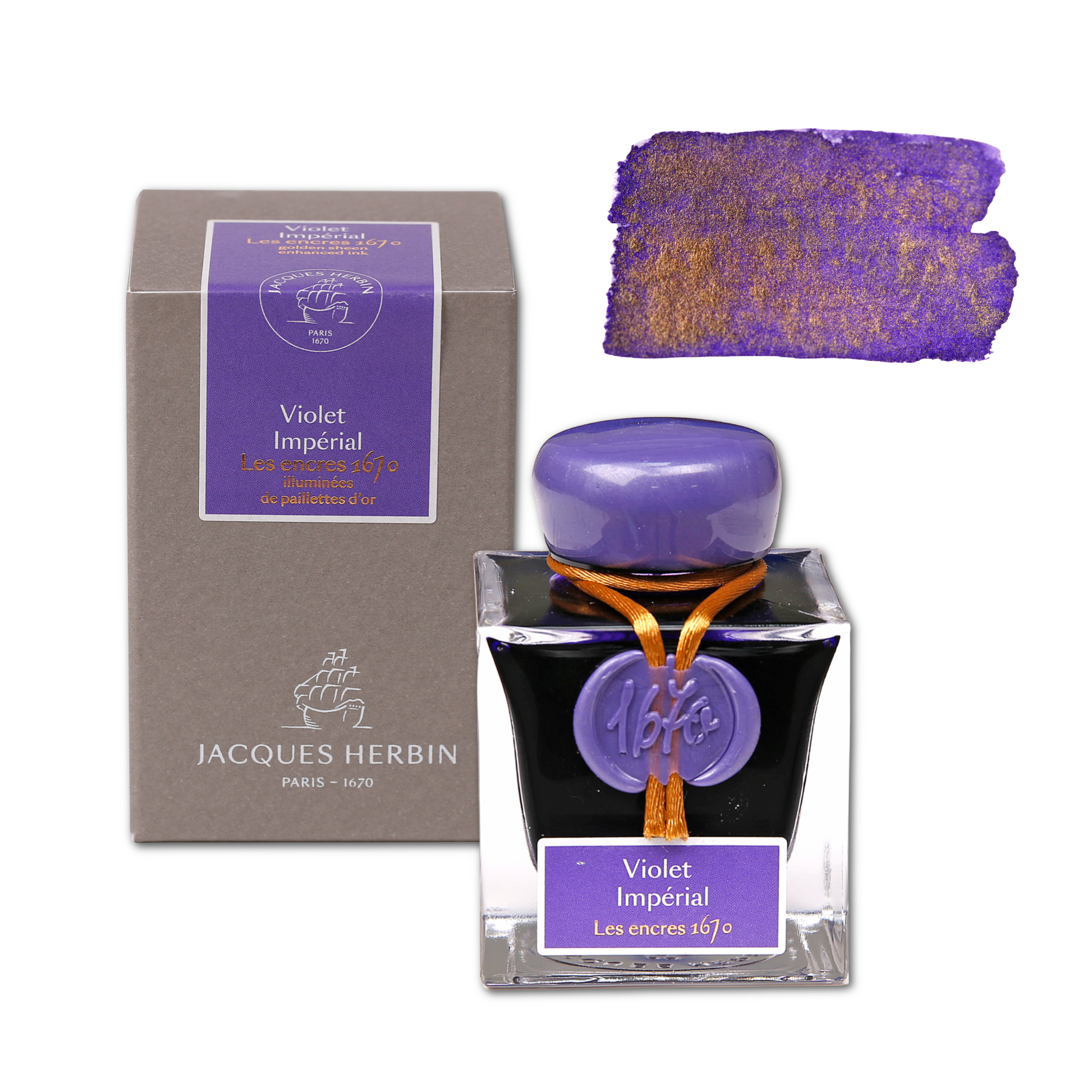 Jacques Herbin Violet Imperial ink bottle with packaging on a white background