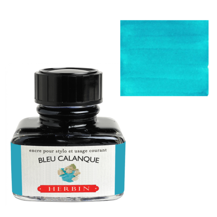 Bottle of Herbin ink with a sample of blue color on a white background