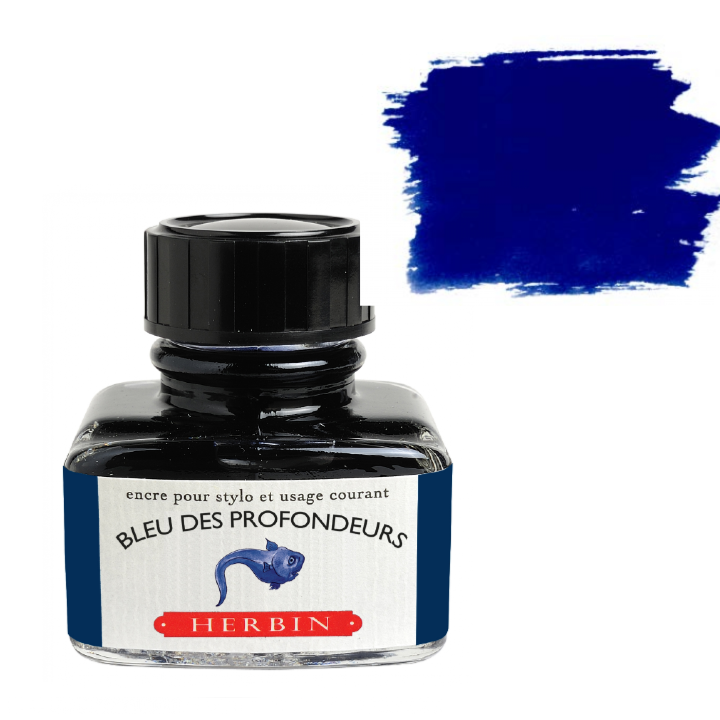 Bottle of Herbin ink with a blue color swatch on a white background