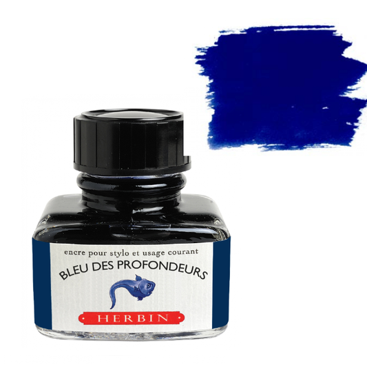 Bottle of Herbin ink with a blue color swatch on a white background