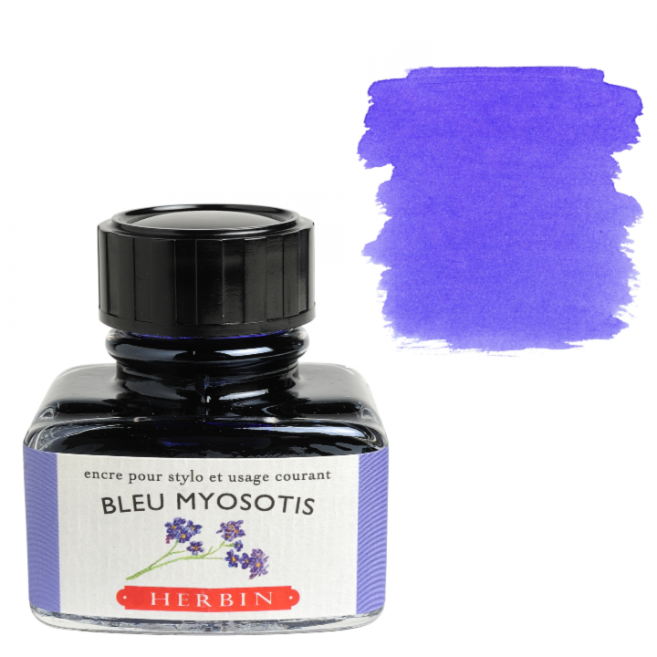 Bottle of Herbin Bleu Myosotis ink with a color swatch on a white background