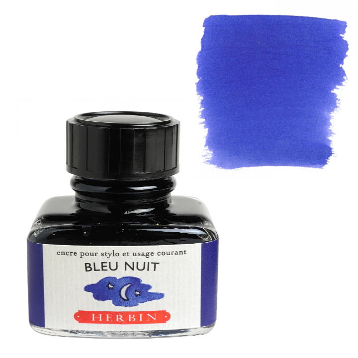 Bottle of Herbin Bleu Nuit ink with a swatch of blue color on a white background