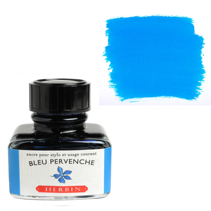 Bottle ofink with 'Bleu Pervenche' color swatch on a white background