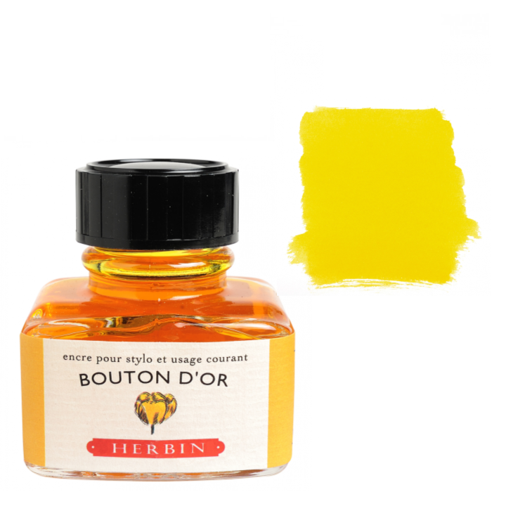 Bottle of Bouton d'Or Herbin ink with a yellow color swatch on a white background