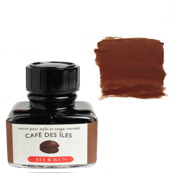 Ink bottle labeled 'Café des ôles' by Herbin with a color swatch on a white background