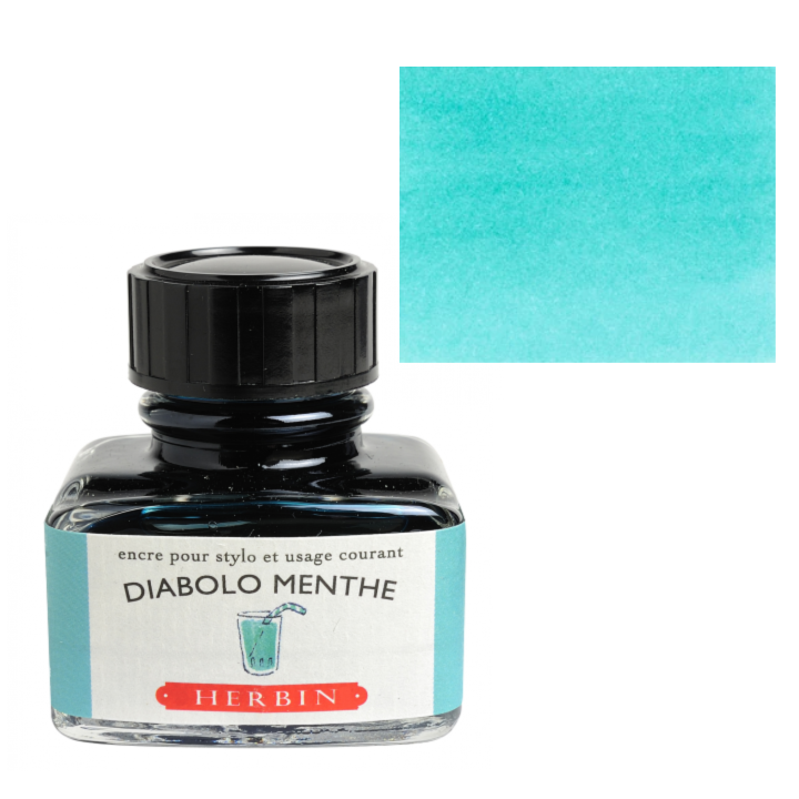 Herbin Diabolo Menthe ink bottle with a swatch of blue color on a white background