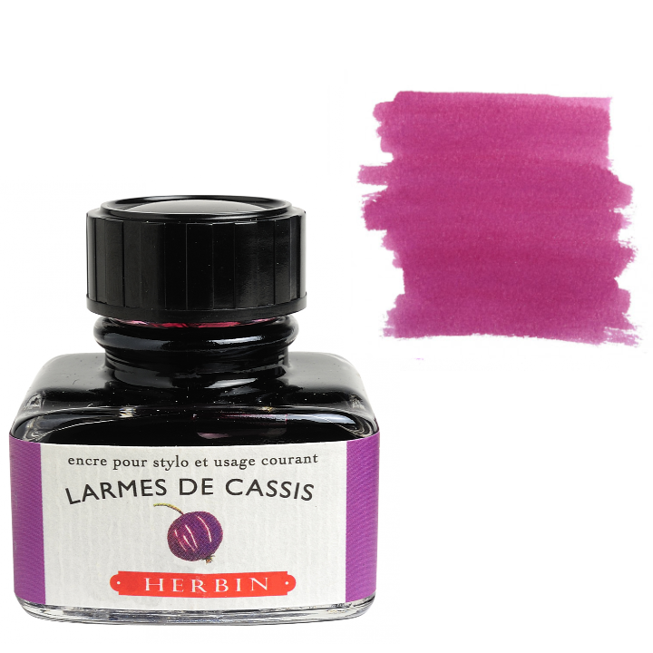Bottle of Larmes de Cassis ink with a color swatch on a white background