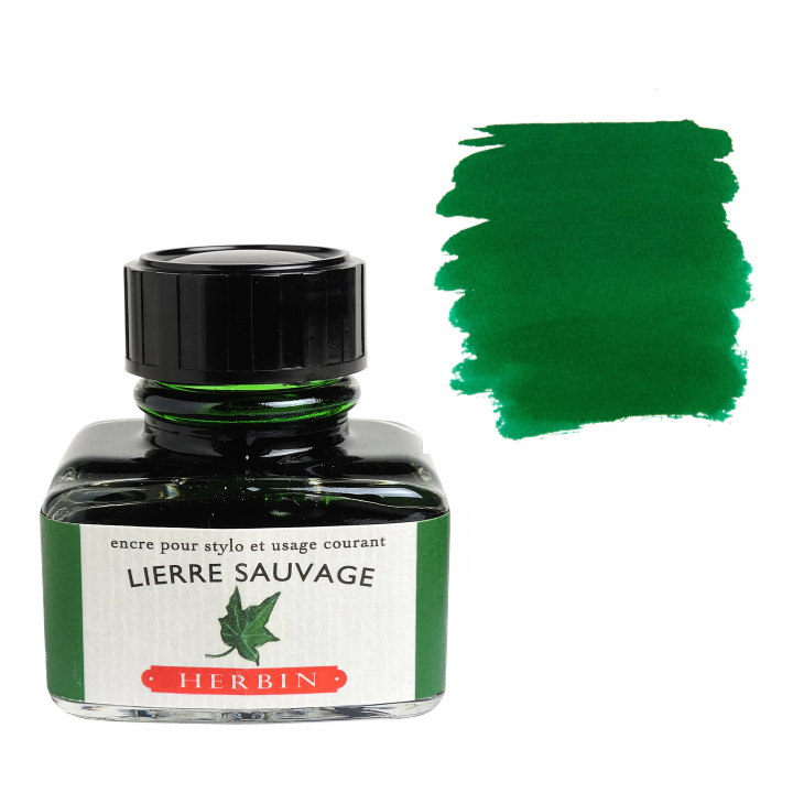 Bottle of green ink with a swatch of ink color on a white background, featuring the Herbin brand.