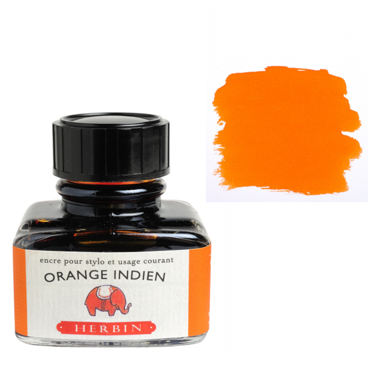 Bottle of Herbin Orange Indien ink with a color swatch on a white background