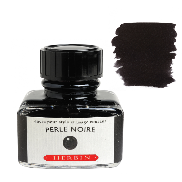 Herbin Perle Noire ink bottle with a swatch of black ink on a white background