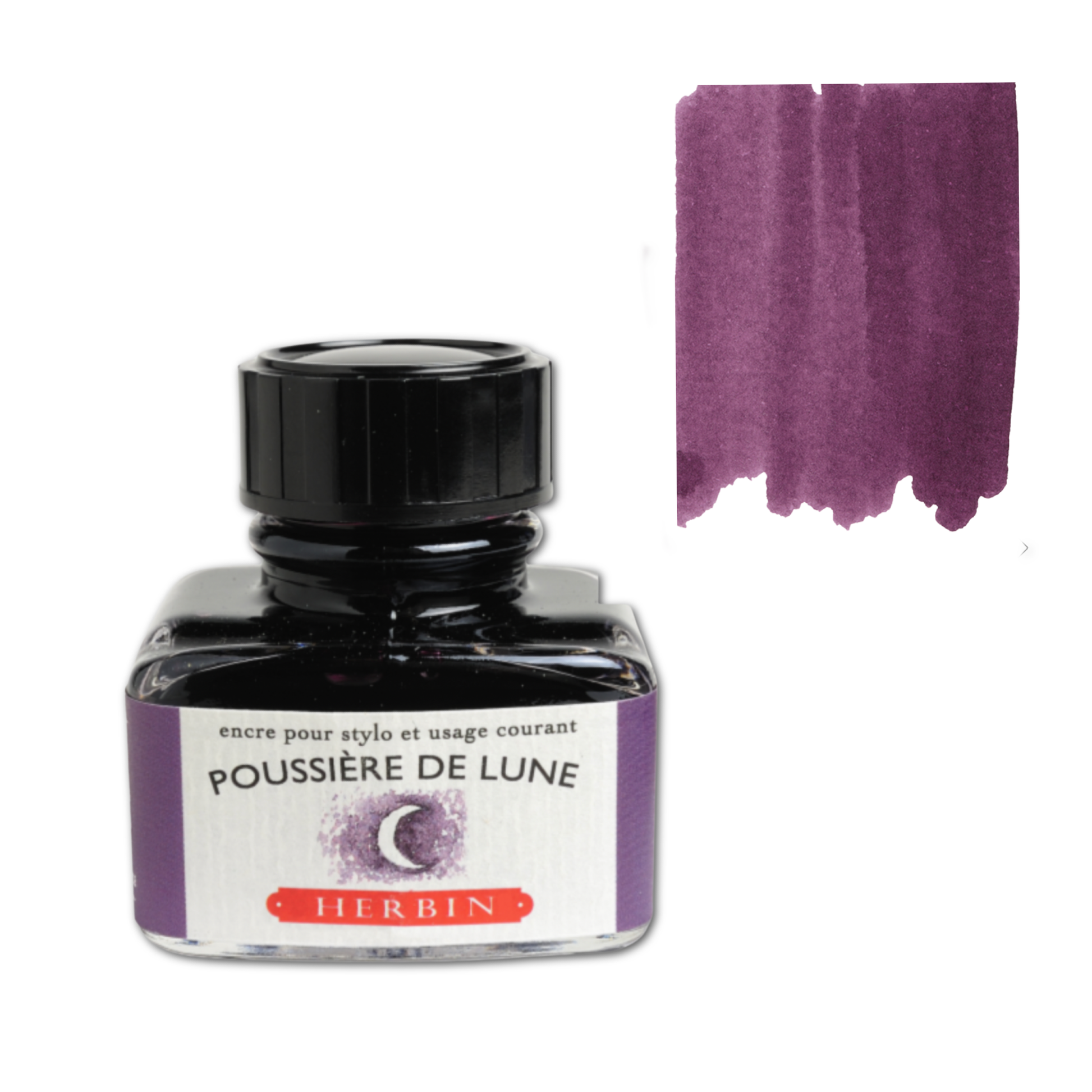 Bottle of Herbin ink with purple color swatch on a white background