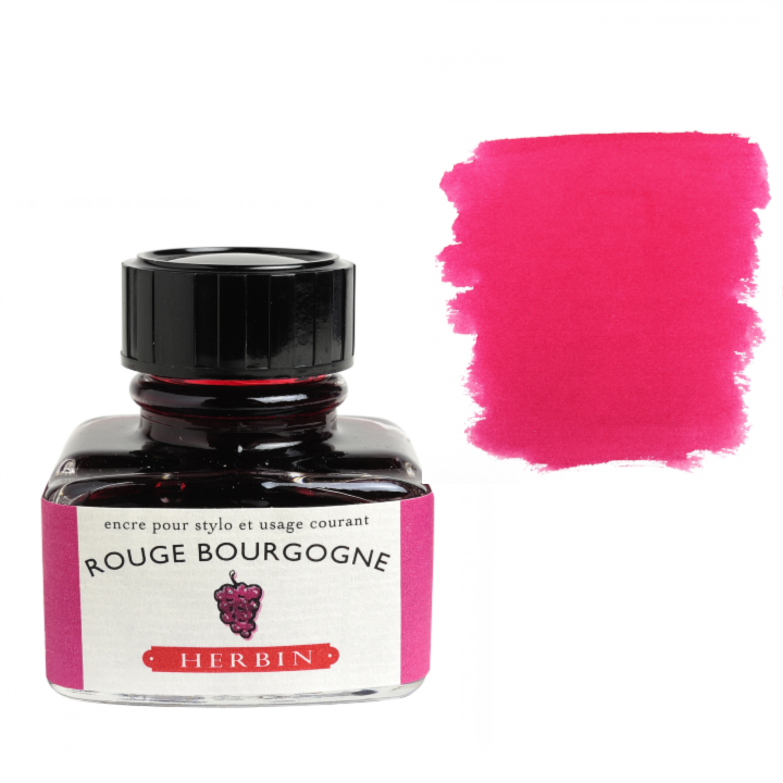 Bottle of Herbin Rouge Bourgogne ink with a color swatch on a white background