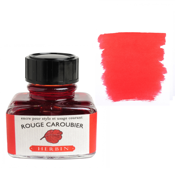Herbin Rouge Caroubier ink bottle with a color swatch on a white background
