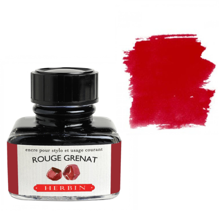 Bottle of Herbin Rouge Grenat ink with a color swatch on a white background