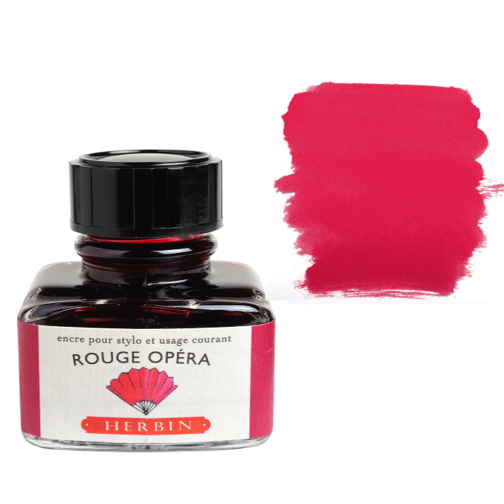 Bottle of Herbin Rouge Opera ink with a color swatch on a white background