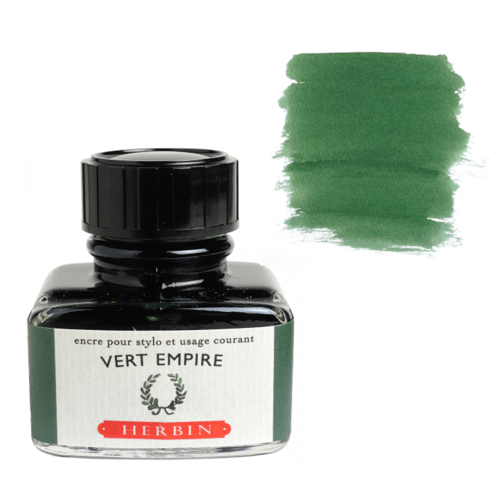 Herbin Vert Empire ink bottle with a swatch of green color on a white background
