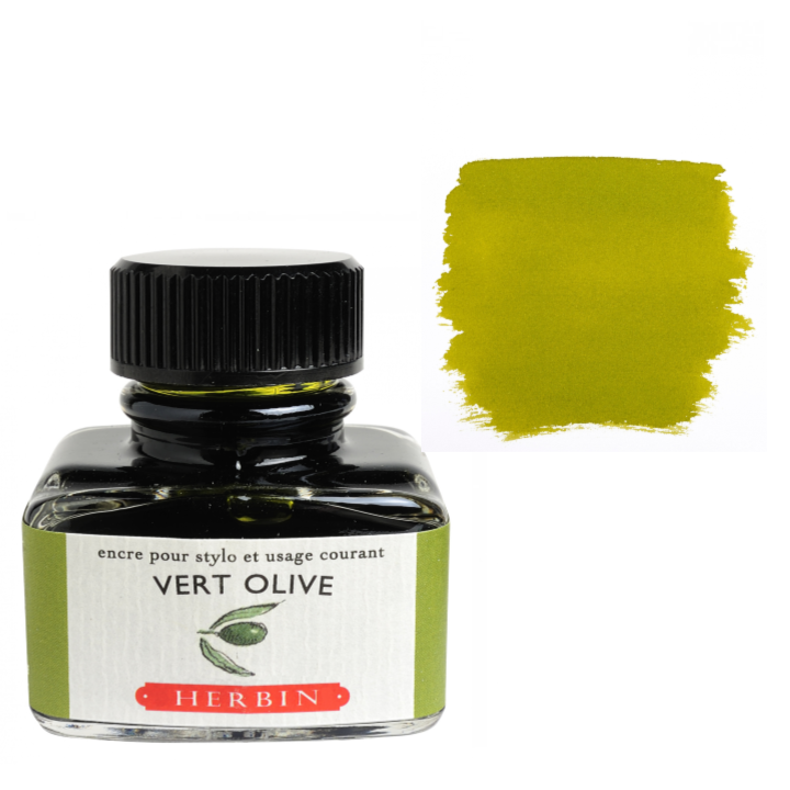 Herbin Vert Olive ink bottle with color swatch on a white background