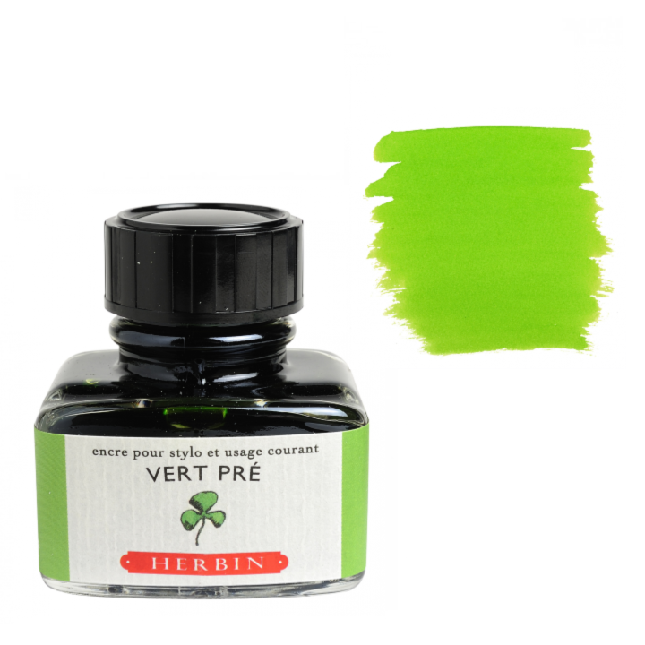 Bottle of Herbin Vert Pre ink with a color swatch on a white background