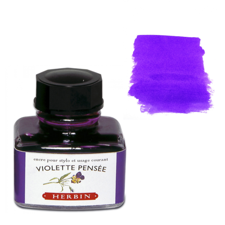Bottle of Herbin violet ink with a color swatch on a white background