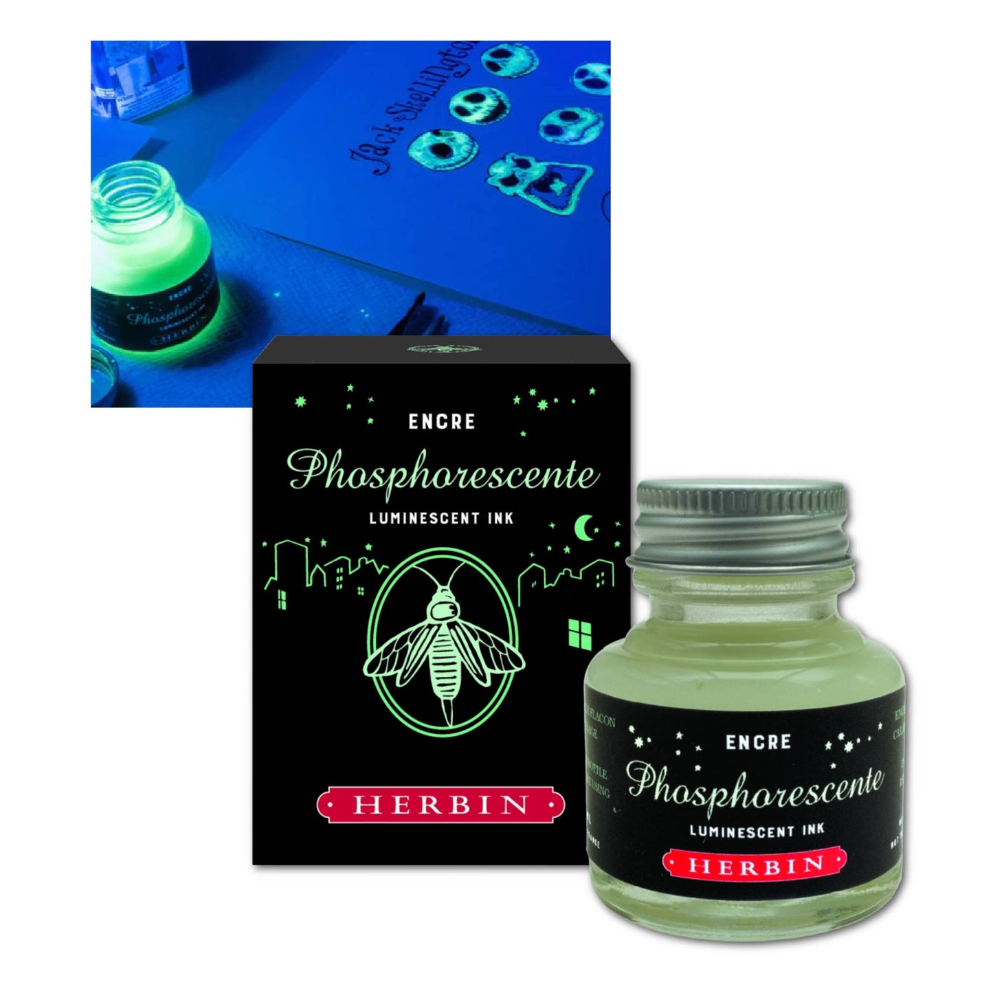 Herbin phosphorescent ink bottle and packaging on a white background