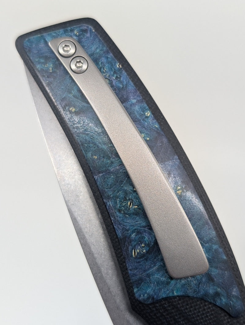 *Consignment* Johan VD Walt JBI Blue Maple Burl Inlay Liner Lock Folding Knife