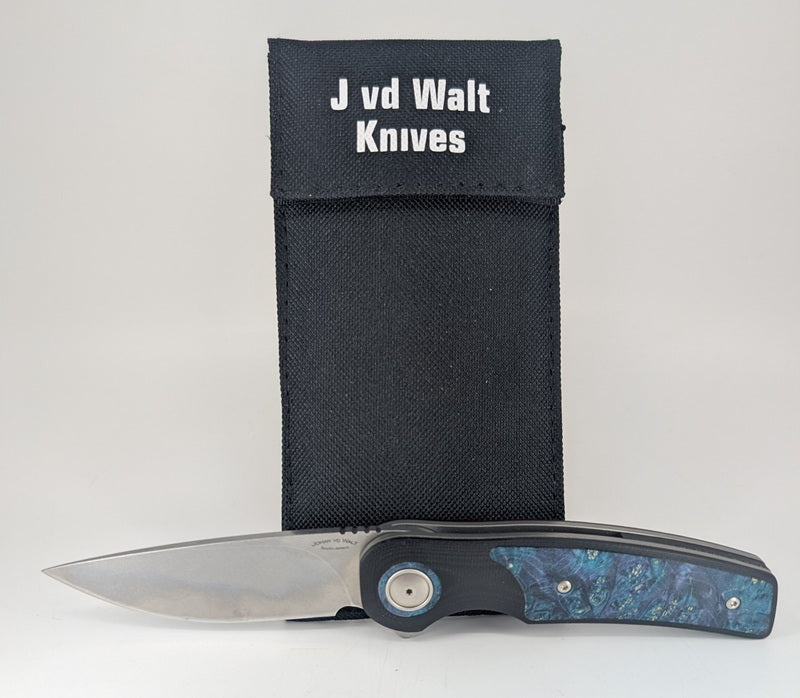 *Consignment* Johan VD Walt JBI Blue Maple Burl Inlay Liner Lock Folding Knife
