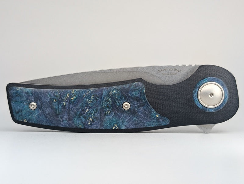 *Consignment* Johan VD Walt JBI Blue Maple Burl Inlay Liner Lock Folding Knife