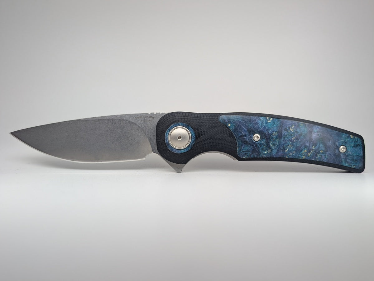 *Consignment* Johan VD Walt JBI Blue Maple Burl Inlay Liner Lock Folding Knife