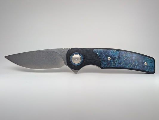 *Consignment* Johan VD Walt JBI Blue Maple Burl Inlay Liner Lock Folding Knife
