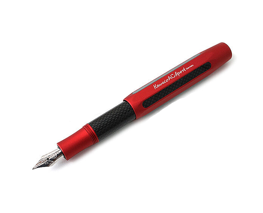 A red Kaweco AC Sport fountain pen with a black carbon fiber pattern near the nib.