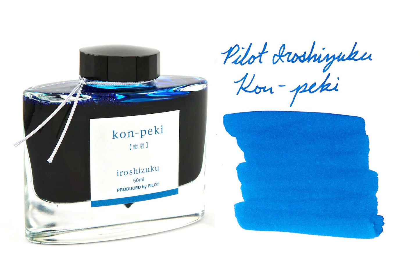Pilot Iroshizuku Kon-pekii ink bottle with blue ink swatch on a white background